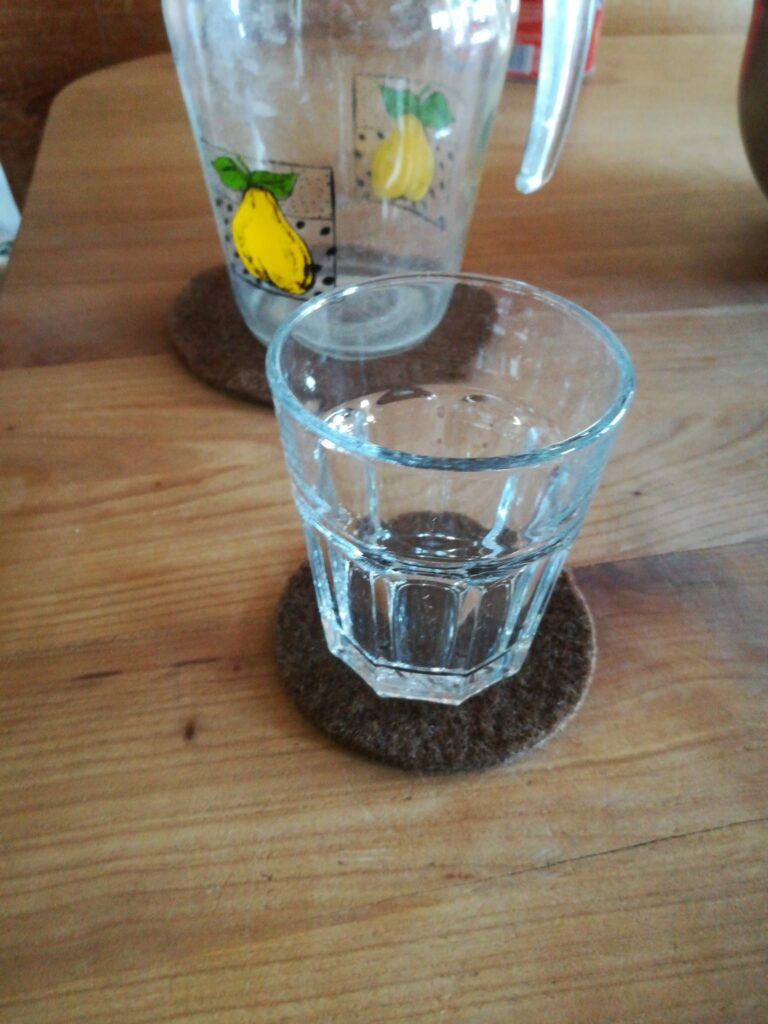 Ein Wasserglas steht auf einem runden Filzuntersetzer vor einer Glaskaraffe mit einem Zitronenmotiv, beides auf einem Holztisch platziert.