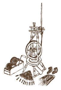 Braune Illustration eines Spinnrads mit einem Korb voller Wolle und Handspindeln davor.