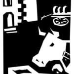 Plakat mit schwarzem, abstraktem Design, Schriftzug: "turtmänn cultura püru-märt".