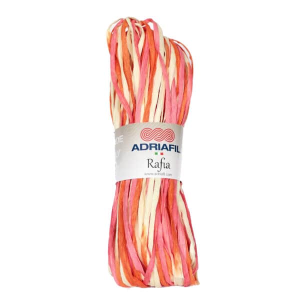 Mehrfarbige Bündel aus Adriafil Rafia-Bast in Orange-, Rosa- und Cremetönen.
