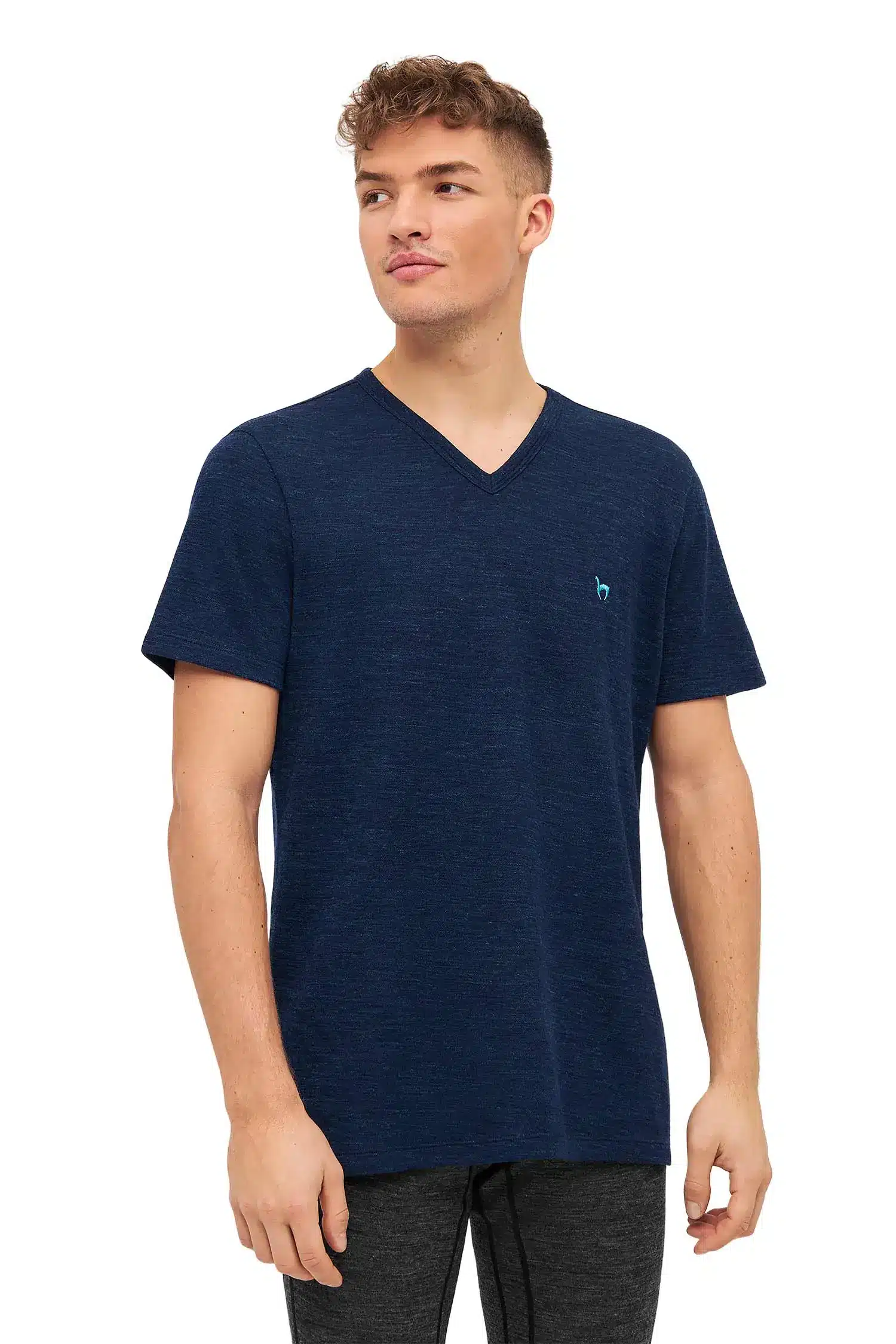 Ein Mann trägt ein dunkelblaues T-Shirt mit V-Ausschnitt und kleinem Logo auf der Brust, sowie dunkelgraue Hosen, vor einem weißen Hintergrund.