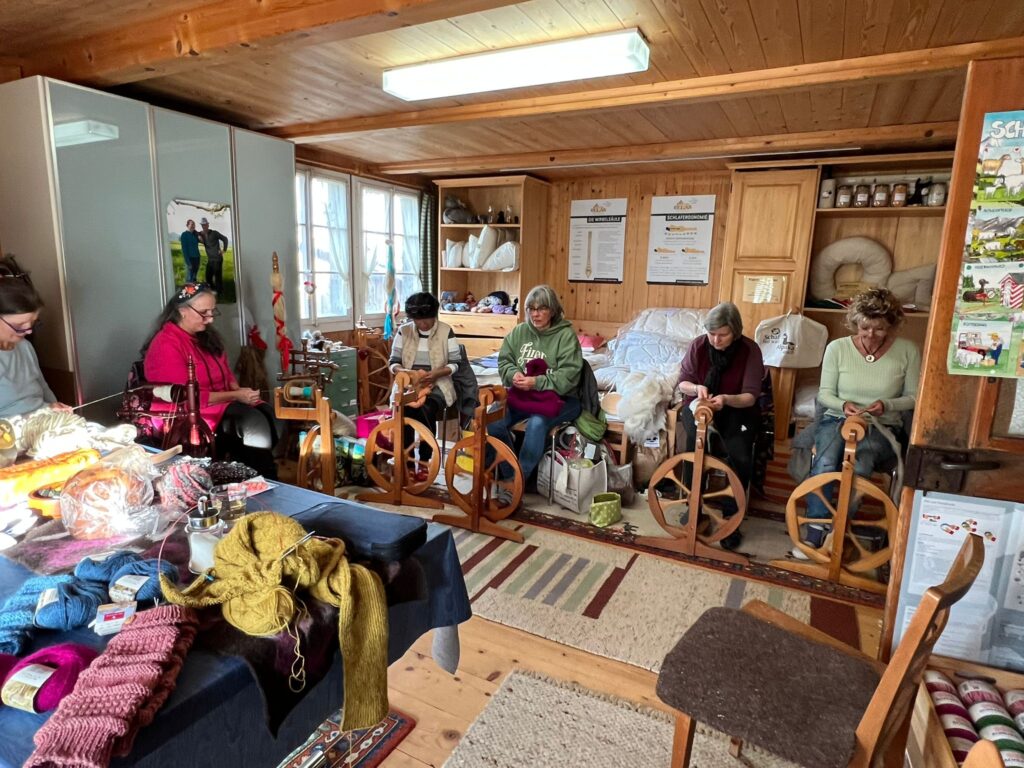 Eine Gruppe von Frauen sitzt in einem gemütlichen Raum und spinnt Wolle an Spinnrädern.