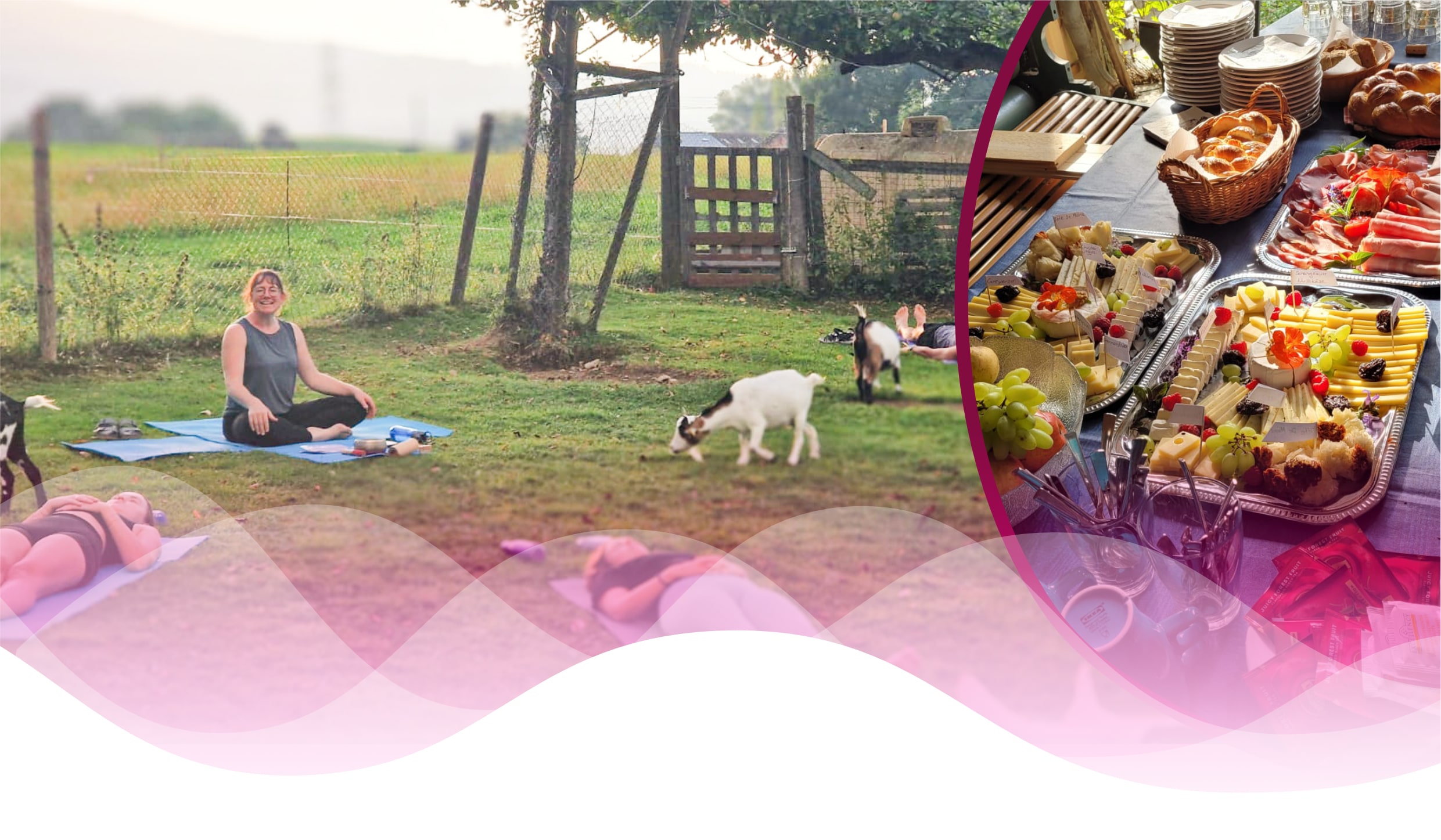 Eine Frau sitzt auf einer Yogamatte im Freien, umgeben von Ziegen; daneben ein Buffet mit Käse und Früchten.