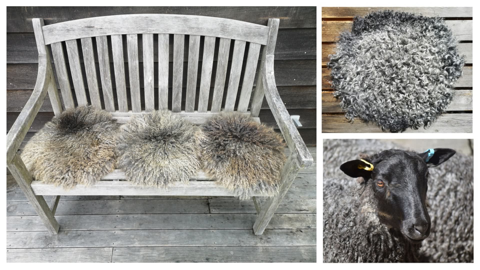 Eine Bank mit vier grauen und braunen Pelzkissen, daneben ein graues Fell und ein schwarzes Schaf mit gelbem Ohrclip.