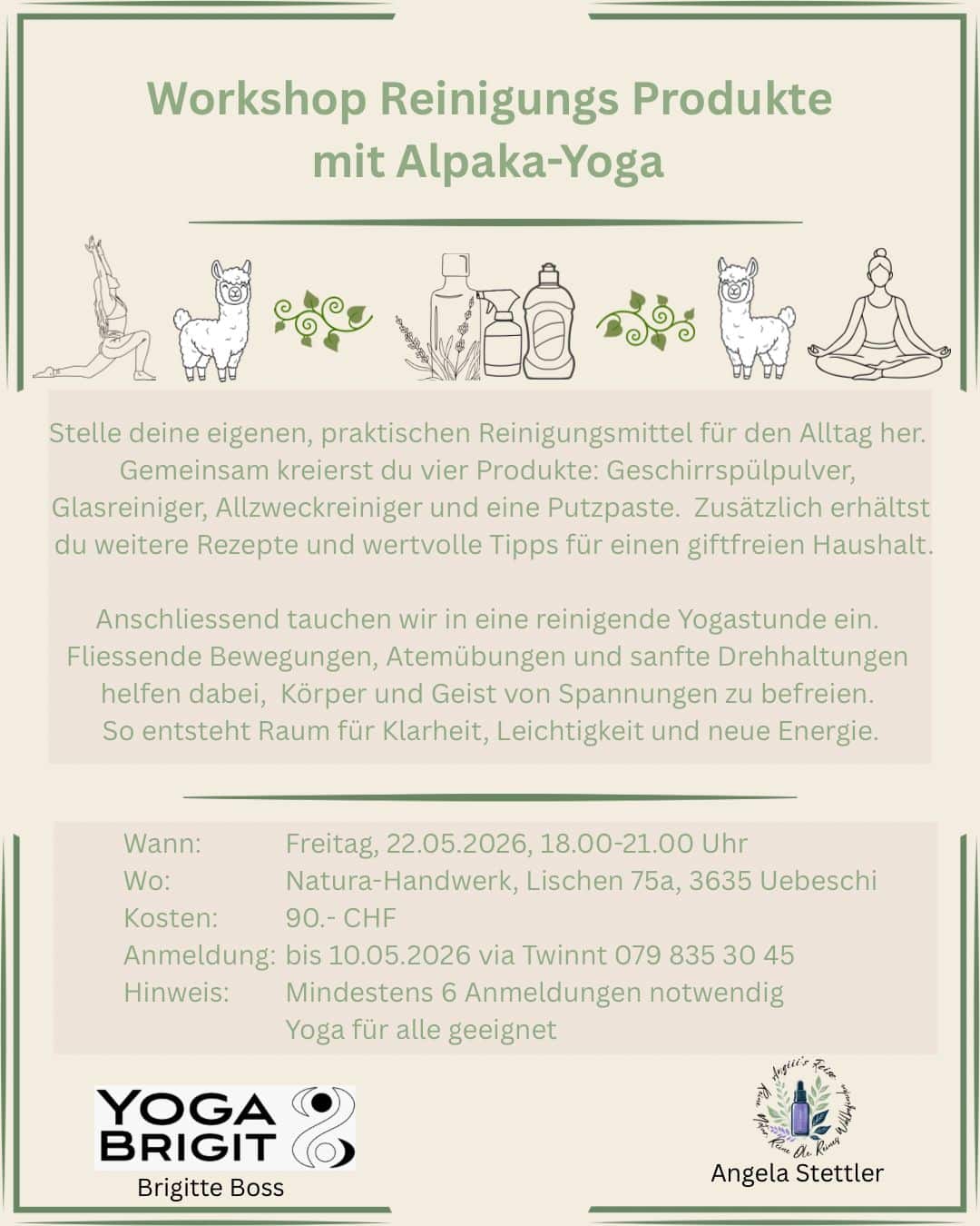 Workshop-Flyer für Reinigungsprodukte mit Alpaka-Yoga, Datum 22.05.2026, Details zu Ort, Preis und Anmeldung.