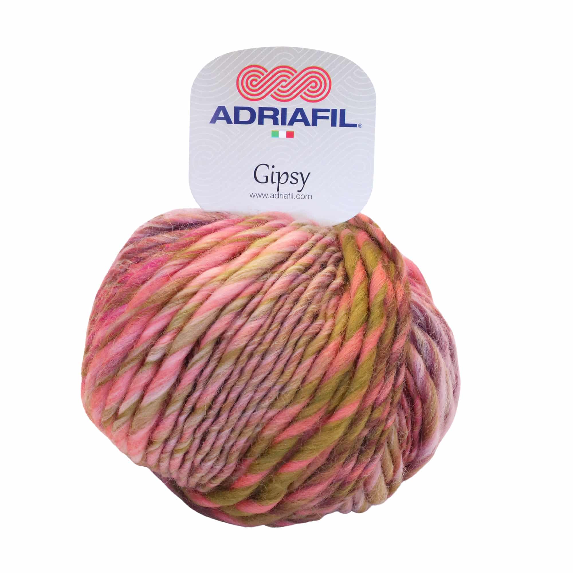 Knäuel bunter Wolle mit rosa, grünen und braunen Tönen, auf dem Etikett steht „Adriafil Gypsy“.