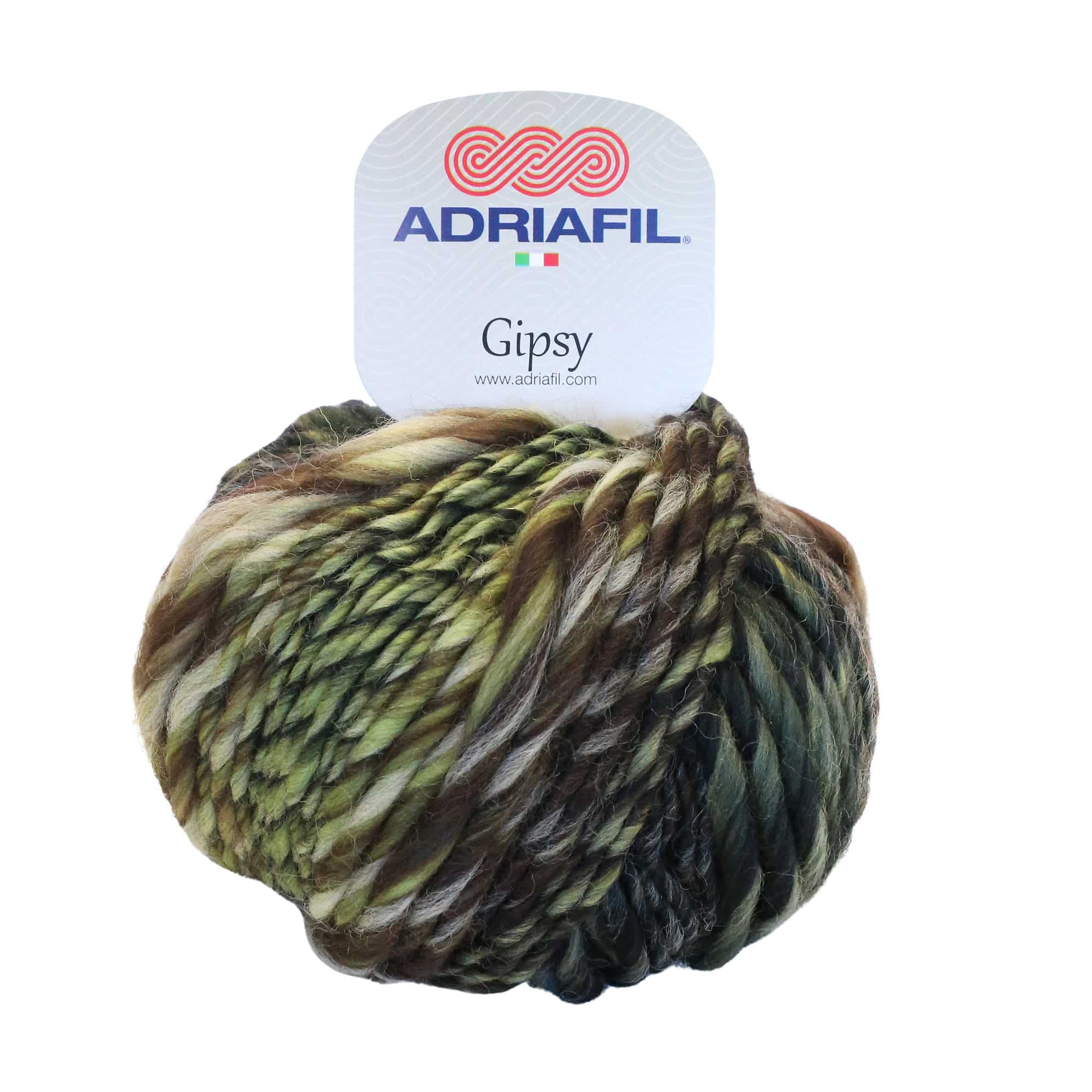 Ein Knäuel mehrfarbiges Garn mit einem Etikett der Marke Adriafil, Modell "Gipsy".